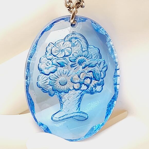 Vintage Blue Glass Intaglio Basket Pendant Necklace 24” Silver Chain - Picture 1 of 10
